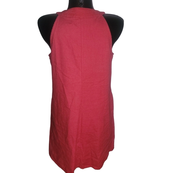 Red Linen Blend Embroidered Neckline Sleeveless Halter Dress - Picture 6 of 7